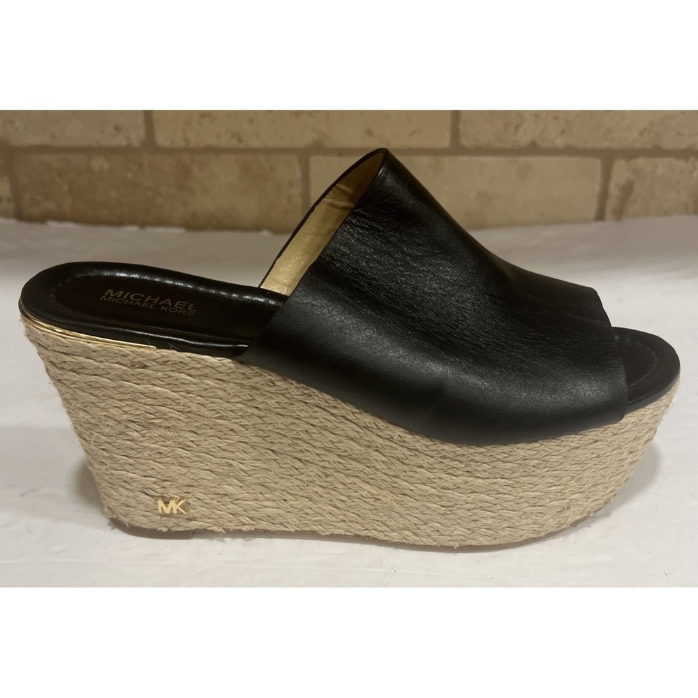 Michael Kors Cunningham Black Leather Platform Wedge Heel Jute Logo Open Toe 8.5